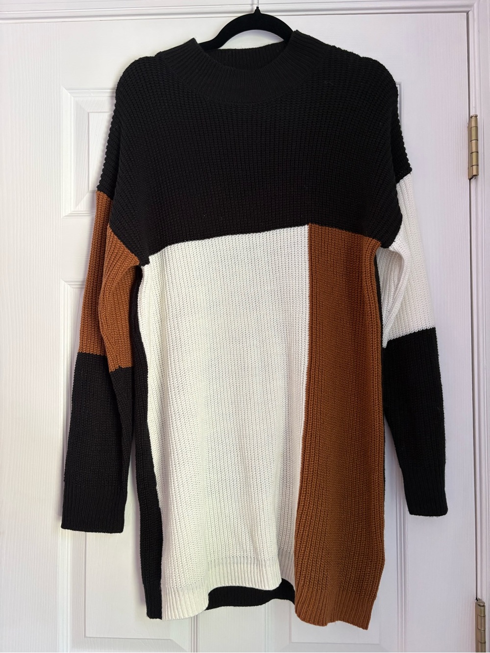 Colorblock Crewneck Sweater Dress - Black White Brown